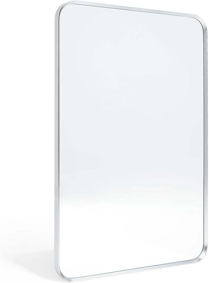Wall Mount Mirror for Bathroom, Brush Silver Metal Framed Rounded Corner by Minuover