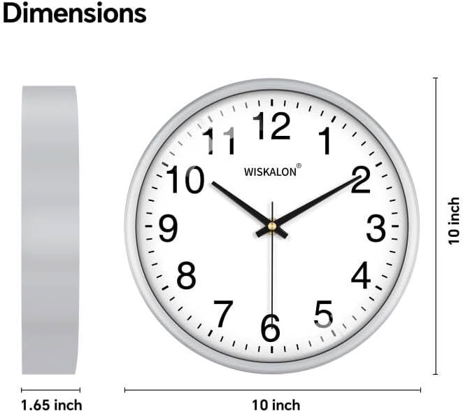 WISKALON 10 Inch Wall Clock, Silent Non-Ticking Round Silver Frame Clock - Image 3