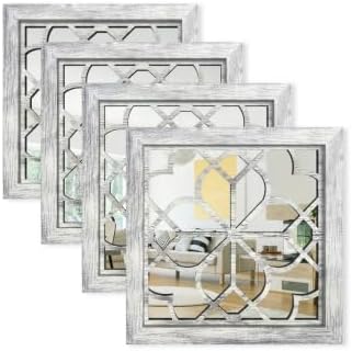 Set of 4 14 Inch Square Grey Window Pane Wall Mirrors, Shatterproof Rustic by HMANGE