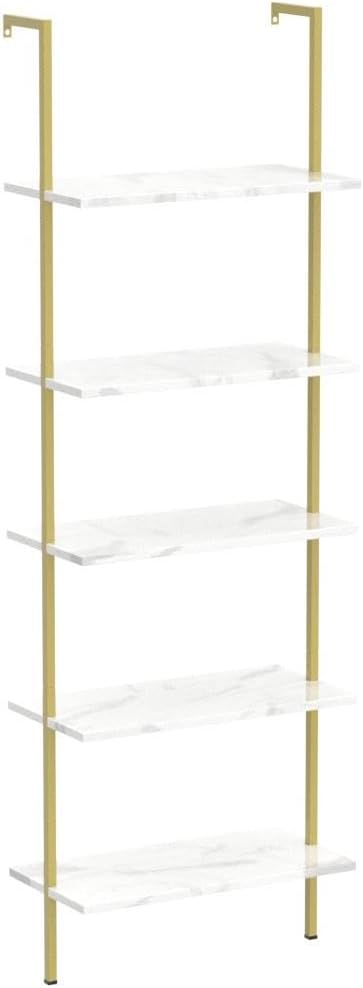 aboxoo Ladder Shelf 2PCS White Marble Bookshelf 5-Tier Wall-Mounted Wood Rack - Image 4