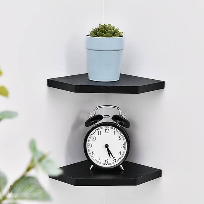 WELLAND 7-Inch Black Floating Corner Shelves Set of 2, Wall Mounted Storage - Image 9