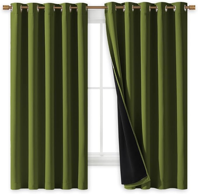 NICETOWN 100% Blackout Lined Curtains, Olive Green, 1 Pair, 2 Thick Layers - Image 2