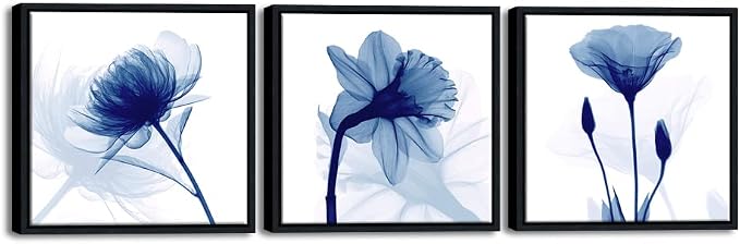 Wieco Art Framed Blue Abstract Flowers 3 Panels Canvas Prints Wall Art Modern by WiecoArt