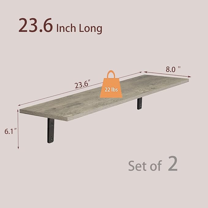 DINZI LVJ Long Wall Shelves, 23.6 Inch Wall Mounted Shelves Set of 2, - Image 3