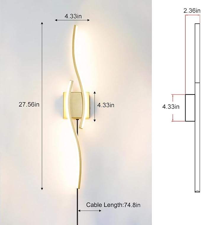 Daunton Modern Gold Plug in Wall Sconce Set of 2, Indoor Dimmable Light Fixture - Image 8