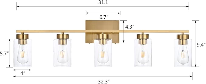 5 Light Bathroom Vanity Light Fixtures, Brushed Brass Modern Wall Lights - Image 3