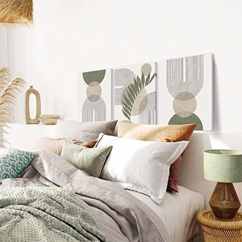 Sage Green Boho Wall Art Set of 3, Minimalist Framed Wall Art Geometric Line - Image 4