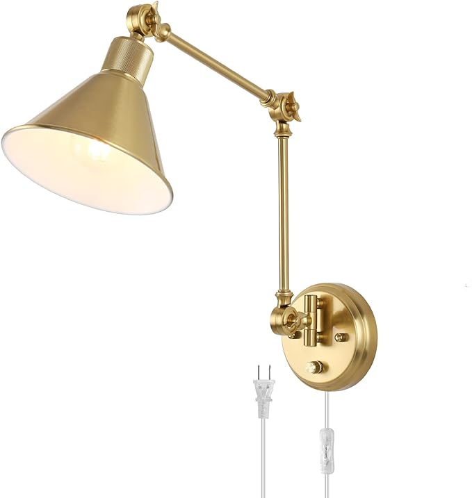 TRLIFE Wall Sconce Plug in, Brushed Brass Dimmable Wall Sconce Swing Arm Wall by TRLIFE