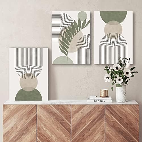 Sage Green Boho Wall Art Set of 3, Minimalist Framed Wall Art Geometric Line - Image 3
