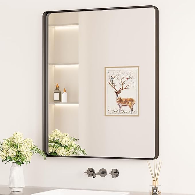 Keonjinn Black Bathroom Mirror, 30 x 36 Inch Rounded Rectangle Sandblasted by Keonjinn