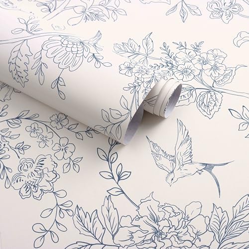 Froluya Cream White and Blue Floral Wallpaper Peel and Stick Wallpaper by Froluya