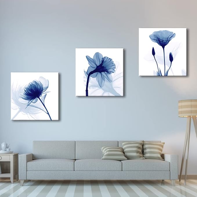 Wieco Art Blue Flowers 3 Panels Canvas Print Wall Art Modern Pictures Artwork - Image 9