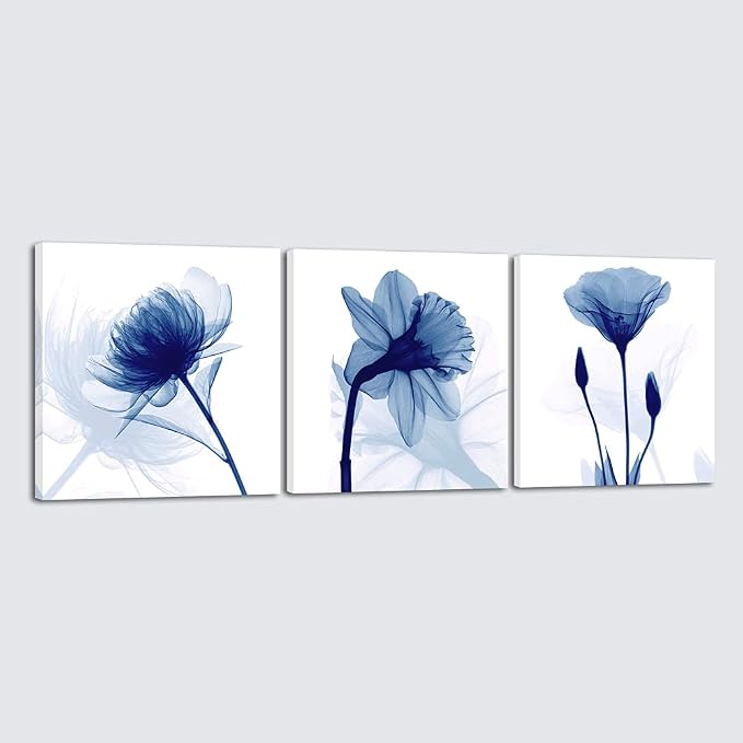 Wieco Art Blue Abstract Flowers 3 Panels Canvas Prints Wall Art Modern Pictures by WiecoArt