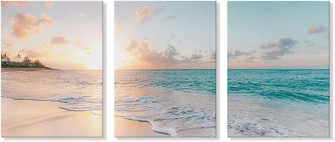 Goldfoilart 3 Pieces Beach Wall Art Sunset Bathroom Canvas Pictures Ocean Wall - Image 6