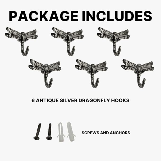 6 pcs Antique Silver Dragonfly Decorative Wall Hooks - Image 4