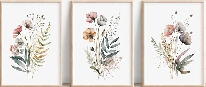 3Pcs Wood Framed Botanical Canvas Wall Art Wildflower Prints Floral Painting by NCYEL