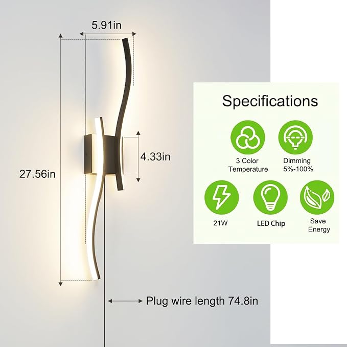 Daunton Modern Plug in Wall Sconce Set of 2, 3CCT Adjustable & Memory Function - Image 7