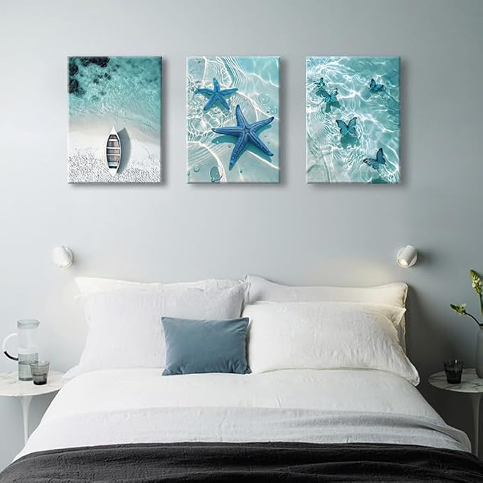 weiyiart Blue Ocean Canvas Wall Art Coastal Starfish Painting Prints Beach - Image 8