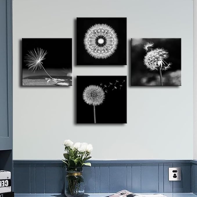 weiyiart Black and White Floral Wall Art, Dandelion Canvas Painting Prints - Image 6