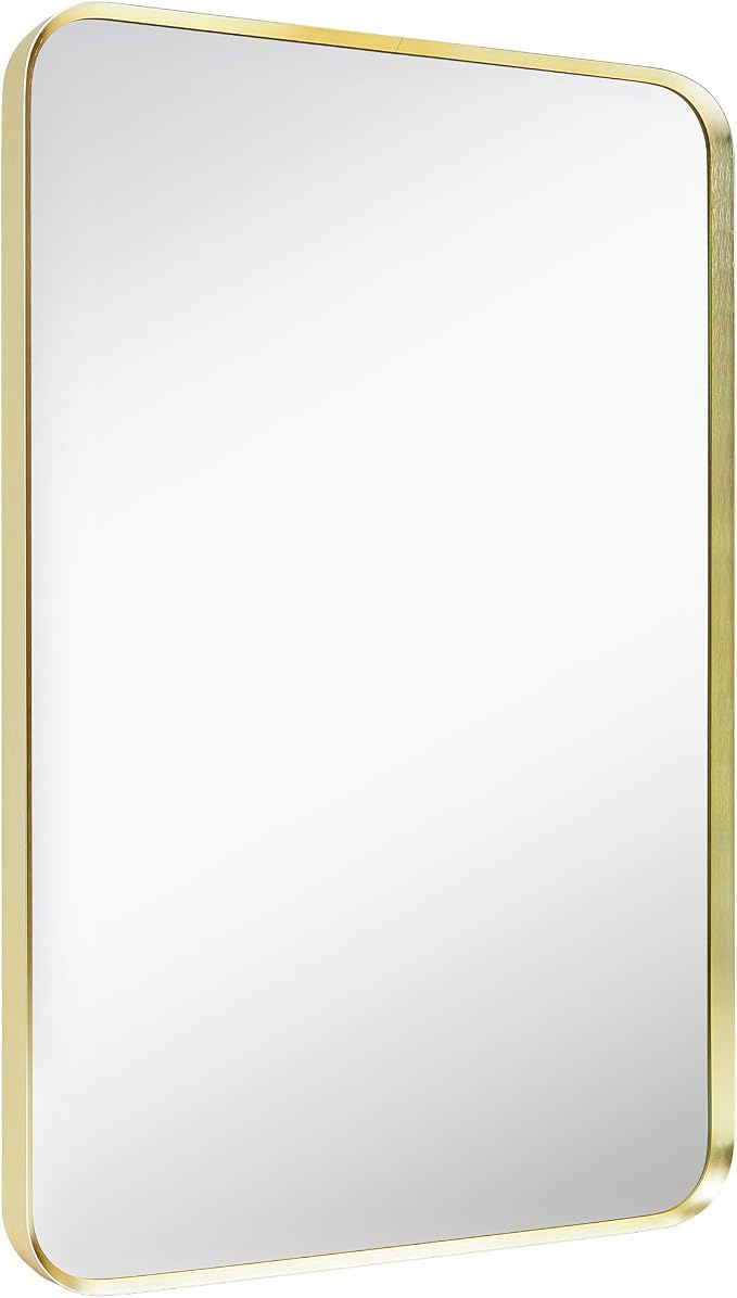 Wall Mount Mirror for Bathroom, Brushed Gold Metal Framed Rounded Corner - Image 6
