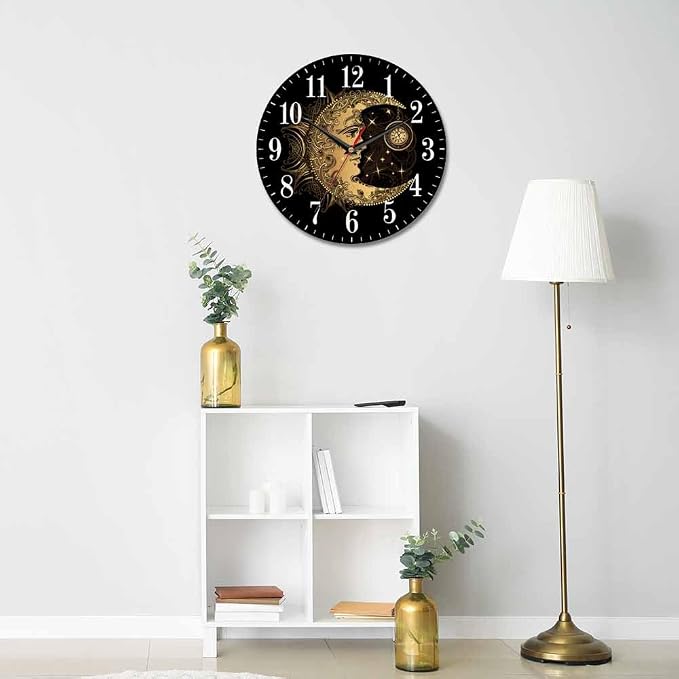 Mxocom Crescent Moon Wall Clock Boho Chic Golden Sun Ethnic Retro Night Black - Image 5