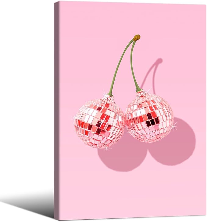 Funky Pink Cherry Poster Retro Disco Ball Canvas Wall Art 16X24 inch Framed by Unknown
