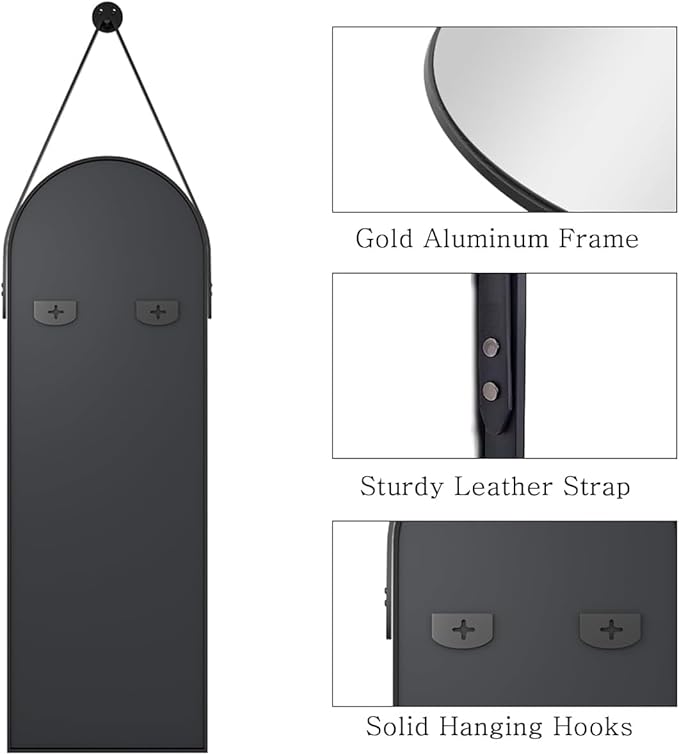 48"x16" Hanging Mirror with Leather Strap, Arched Full Length Mirror with - Image 5