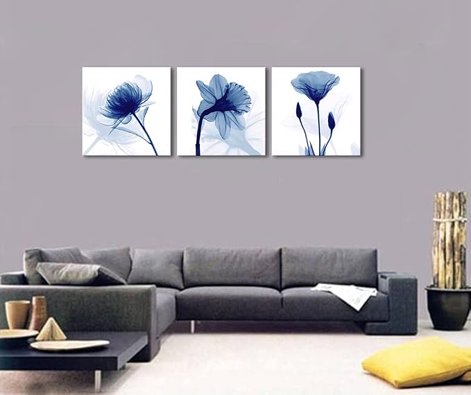 Wieco Art Blue Flowers 3 Panels Canvas Print Wall Art Modern Pictures Artwork - Image 8