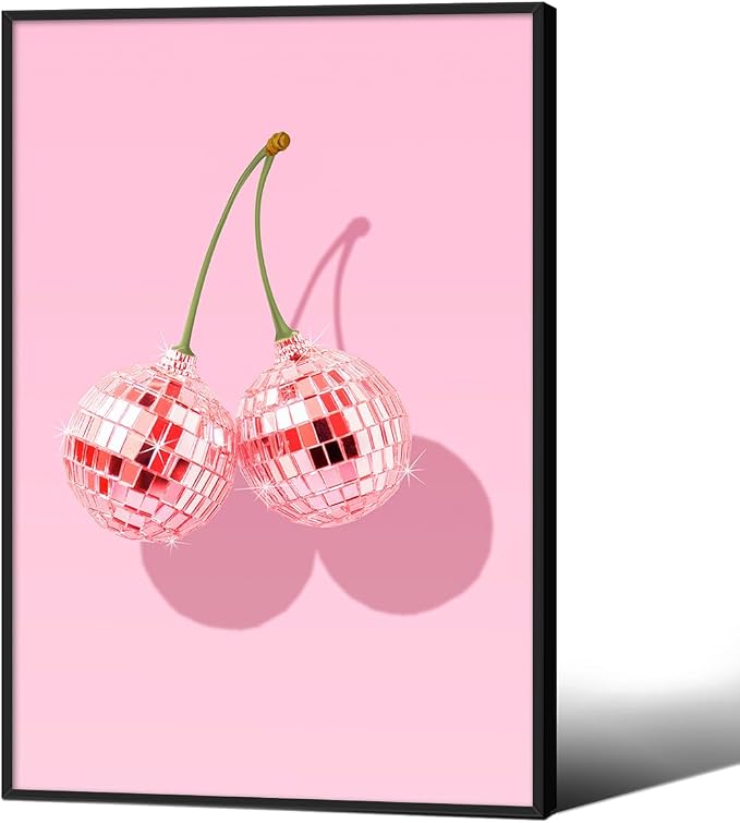 Funky Pink Cherry Poster Retro Disco Ball Canvas Wall Art 24X36 inch Black by Unknown