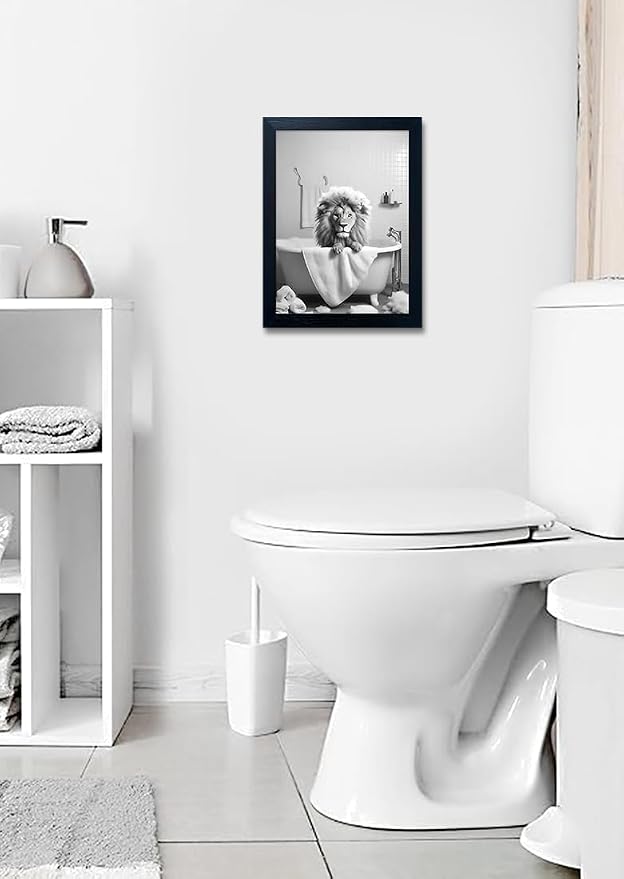 Framed Black and White Animal Bathroom Wall Art Funny Lion in tub Bathroom - Image 9