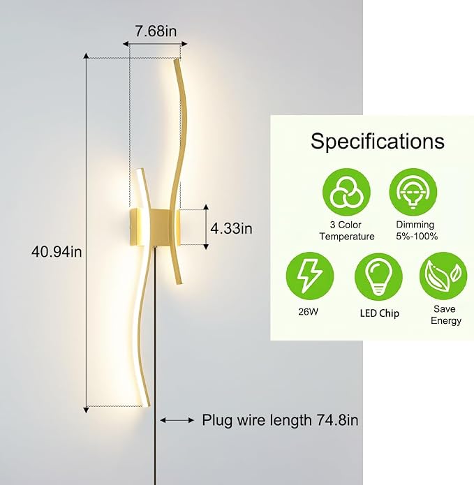 Daunton Modern Gold Plug in Wall Sconces Set of 2 - Image 7