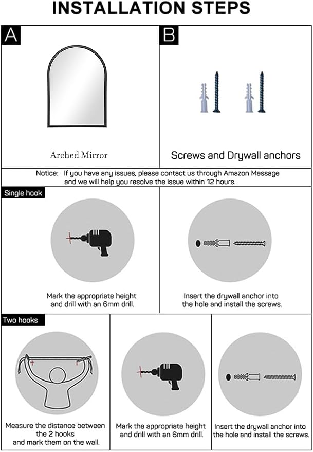 Dewfig Arched Wall Mounted Mirror, Arch Black Mirror - Image 9