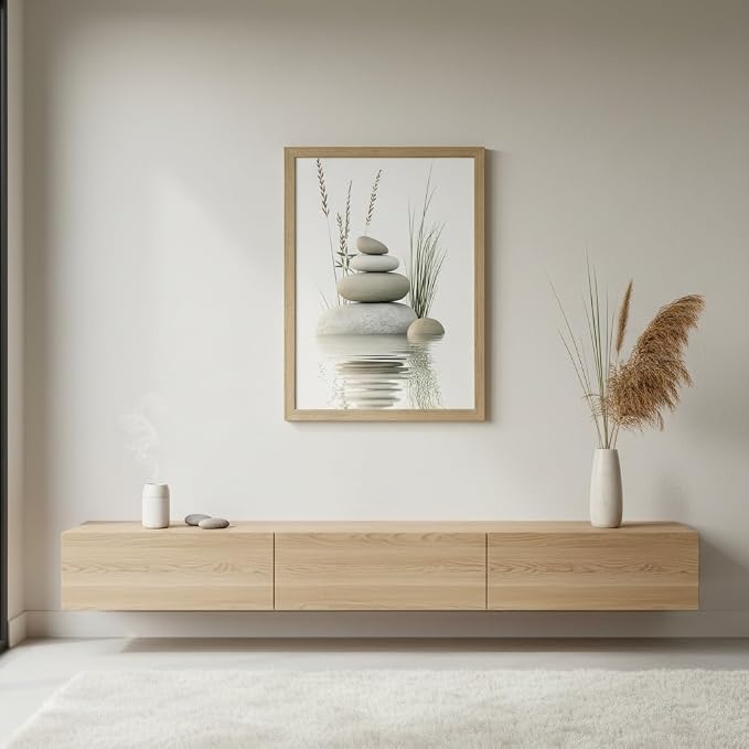 Wooden Frame Zen Stone Canvas Wall Art, Stacked Stones in Water Poster Print. - Image 3