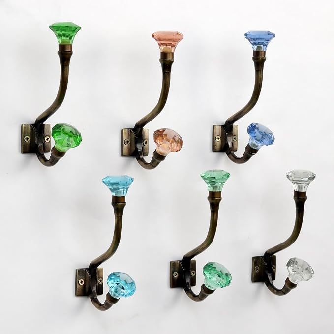 Indian Shelf 12 Piece Heavy Duty Crystal Decorative Colourful Coat Hooks Unique by IndianShelf