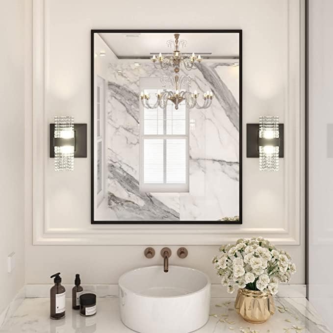 LOAAO 28"X36" Black Rectangle Bathroom Mirror Wall, Matte Black Aluminum Alloy by LOAAO