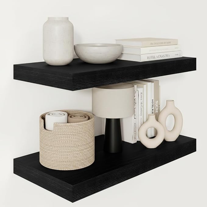 Black Floating Shelves for Wall 24 Inches Long, Heavy Duty Shelf for Bedroom by VIVELOVE