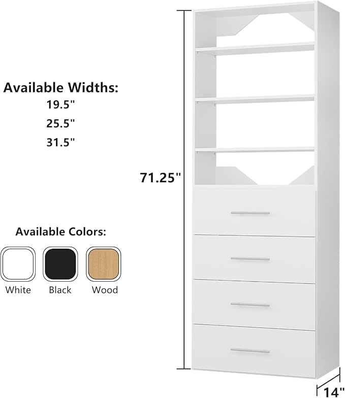 ROOMTEC Modular Closet System, 19.5" 4 Drawer Shelf Closet Tower Wall-Mounted - Image 8
