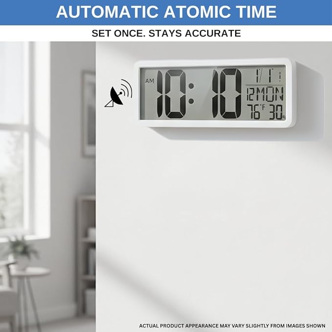 Atomic Digital Wall Clock Battery Operated Large Display | Automatic Time - Image 2