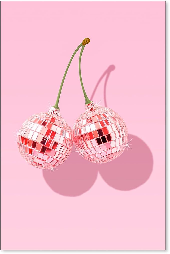 jkahh Funky Pink Cherry Poster Retro Disco Ball Canvas Wall Art Trendy Preppy by Unknown