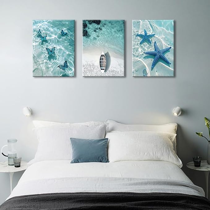 Ocean Wall Art Beach Canvas Print Starfish Shell on Teal Board Paintings - Image 8