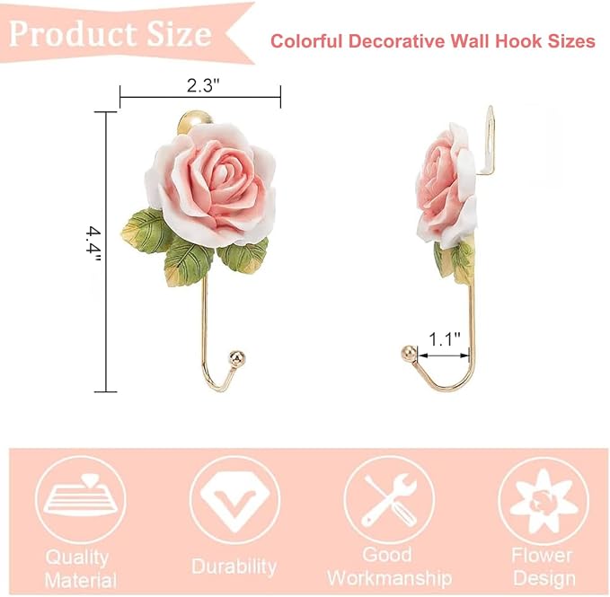 Beautiful Pink Flower Decorative Wall Hook, Fancy Cute Handmade Resin Rose Robe - Image 2