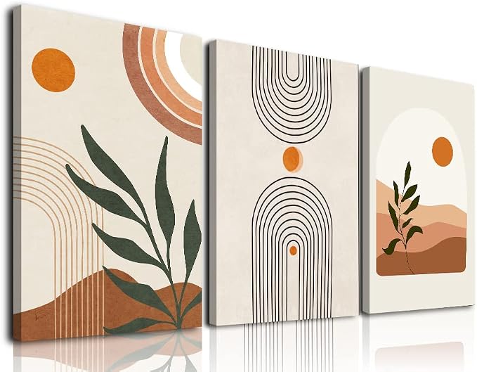 Boho Wall Art Set of 3, MidCentury Modern Wall Prints Framed Canvas Paintings by KBKBART