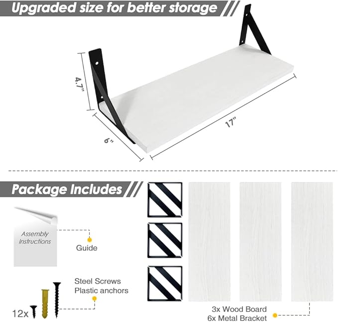 Forbena White Floating Shelves for Wall Decor Set of 3, 17 x 6 Inches Bathroom - Image 3