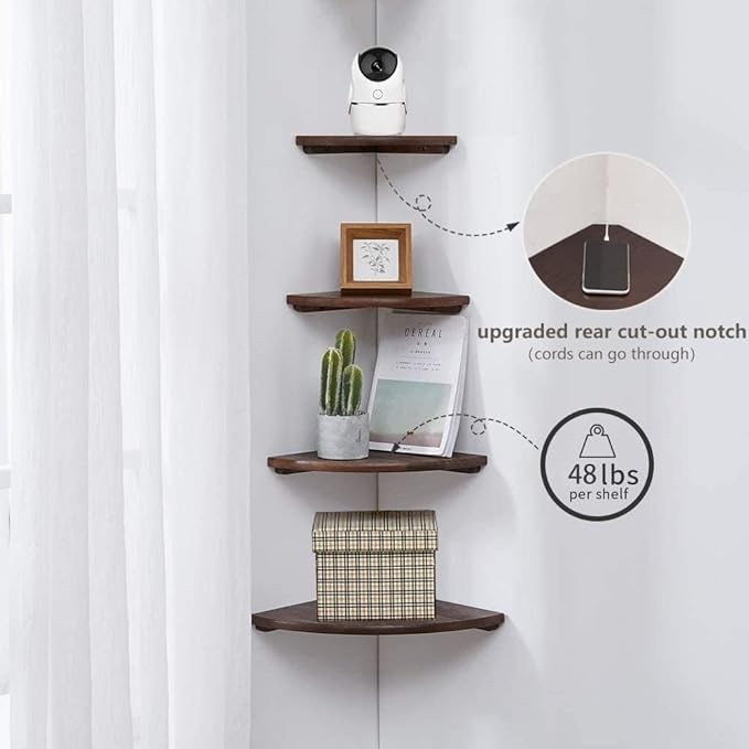 Corner Shelf, 14inch Walnut Solid Wood Floating Corner Shelves Wall Mount Round - Image 4