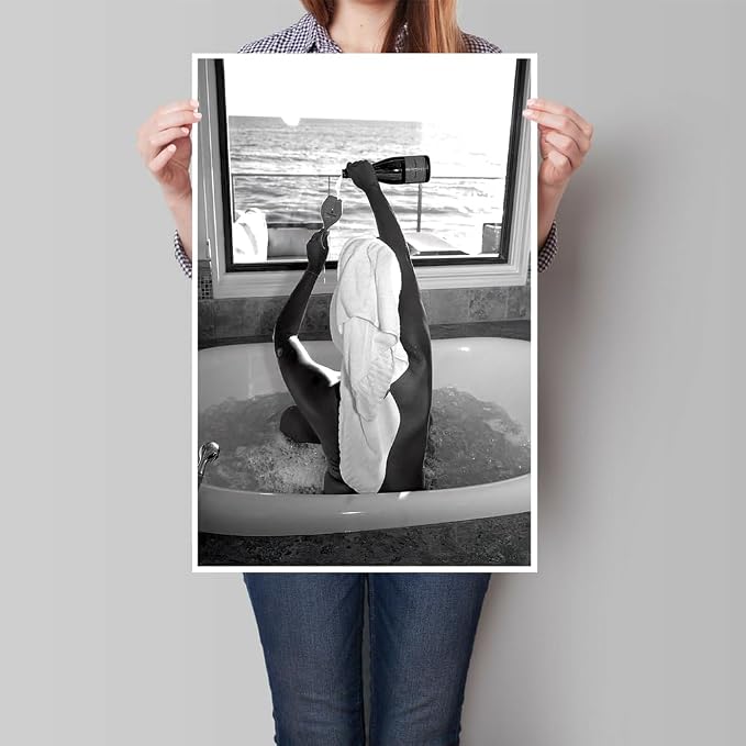 Trendy Black and White Posters Funny Woman Drinking Wine in Bathtub Wall Art - Image 3