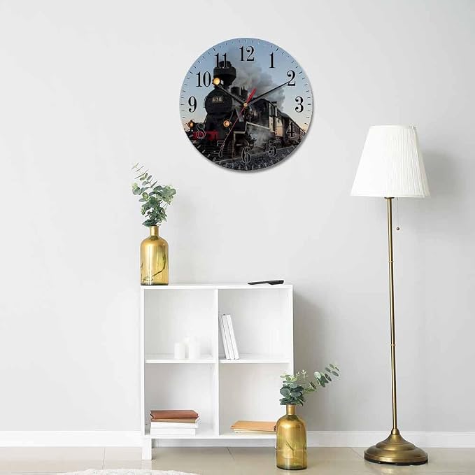 Mxocom Morning Train Wall Clock Old Steam Train Smoke Rairoad Sunrise 10 Inch - Image 5