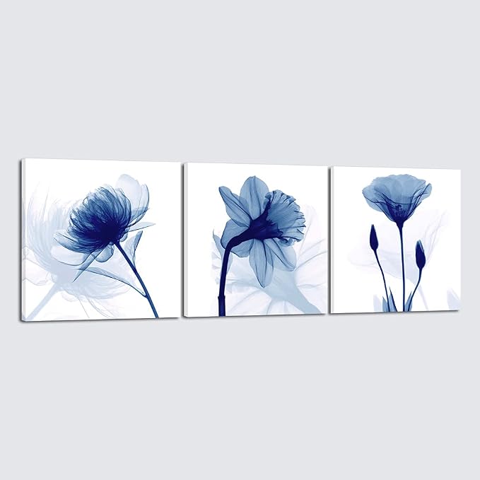 Wieco Art Blue Flowers 3 Panels Canvas Print Wall Art Modern Pictures Artwork by WiecoArt