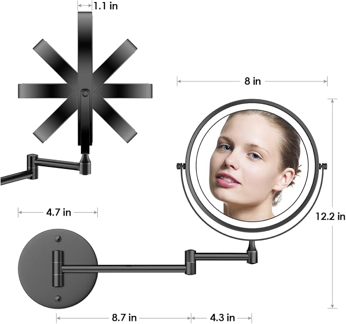 Rocollos Rechargeable Wall Mounted Lighted Makeup Mirror, 8 Inch Double-Sided - Image 6