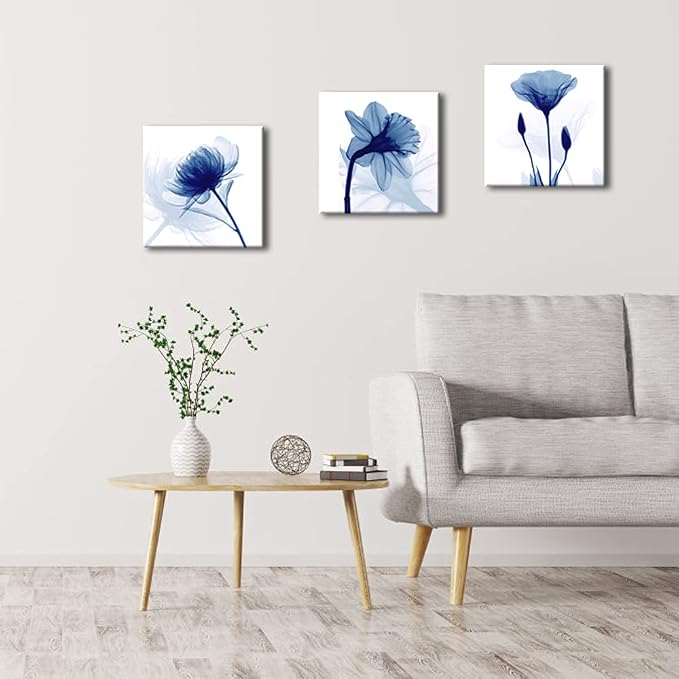 Wieco Art Blue Abstract Flowers 3 Panels Giclee Canvas Prints Wall Art Modern - Image 5