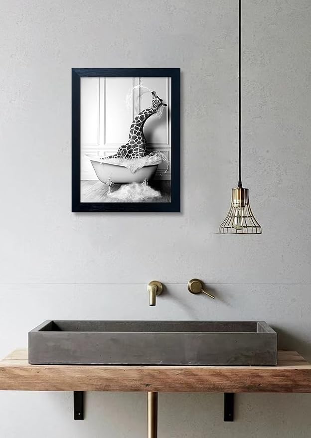 Black and White Bathroom Wall Art Funny Giraffe in Bathtub Wall Decor Framed - Image 6